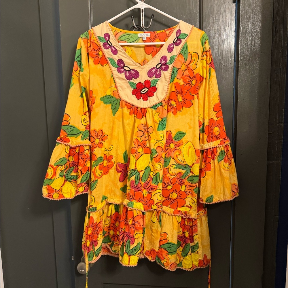 Vibrant Floral Tunic Dress with Bell Sleeves